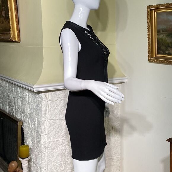 John Richmond Silk & Leather LBD Little Black Mini Dress - Picture 6 of 16